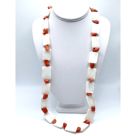 Chunky Dyed Bamboo Coral Mother of Pearl Shell Necklace Oversized Beads Orange - Picture 2 of 8